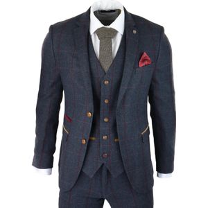 Heren - Herringbone Tweed Kostuum - Marineblauw - 3-delig - Peaky Blinders - Tailored Fit