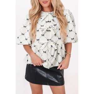 Strikprint Blouse met Tailleband en Pofmouwen