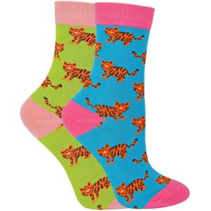 Set van 2 sokken met dierenprint voor meisjes | Miss Sparrow | Casual grappig patroon crew bamboe sokken | Grappige nieuwe sokken voor kinderen - Tijgers