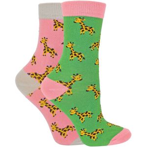 Set van 2 sokken met dierenprint voor meisjes | Miss Sparrow | Casual grappig patroon crew bamboe sokken | Grappige nieuwe sokken voor kinderen - Giraffen