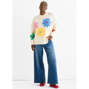 Crème Floral Haak Chunky Gebreide Oversized Trui