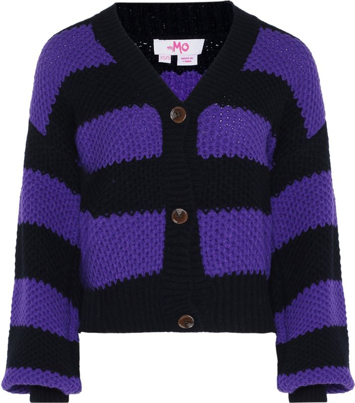 MYMO - Gebreid Vest - Donkerlila/Zwart - V-hals - Lange Mouw