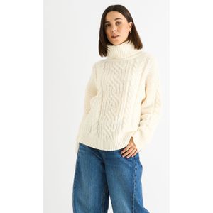 Crème Kabelgebreide Hoge Hals Trui