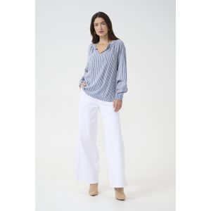 Blouse - Blauw/Wit - 'Tiah' - Viscose - Lange Mouw - Losse Pasvorm