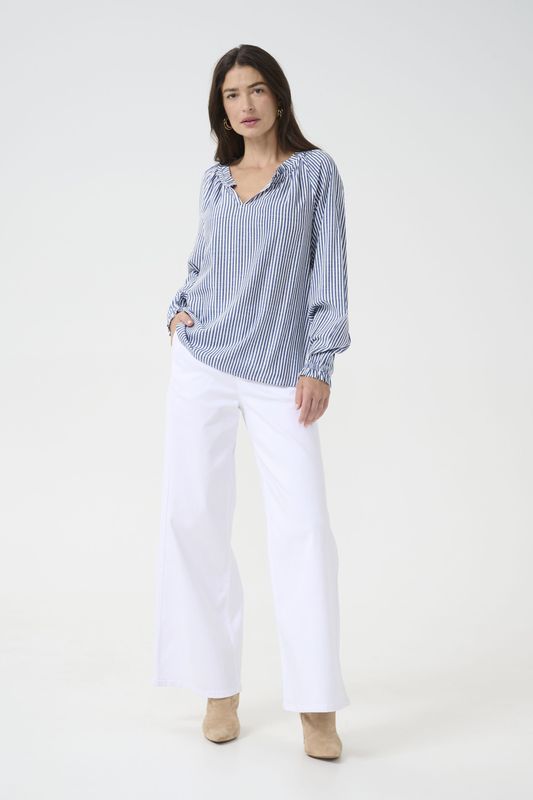 Blouse - Blauw/Wit - 'Tiah' - Viscose - Lange Mouw - Losse Pasvorm