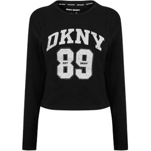 DKNY Dames 1989 Logo Cropped Fitted Lange Mouwen T-Shirt (Zwart/Wit)