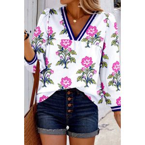 Bloemenprint V-hals Top met 3/4 Mouwen