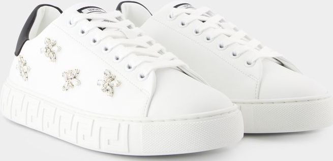 Versace La Greca Sneakers - Wit - Stof - Vetersluiting - Rond