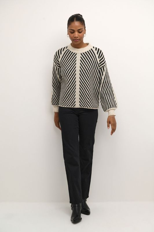 Kaffe - Gebreide Trui - Veelkleurig - Lange Pofmouwen - Ronde Hals