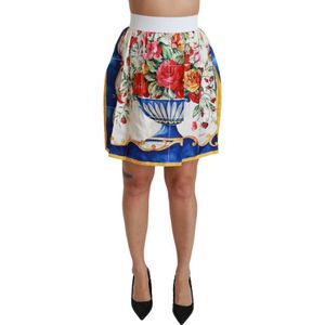 Dolce & Gabbana Damesrok Zijde Witte Bloemenvaas Hoge Taille Minirok