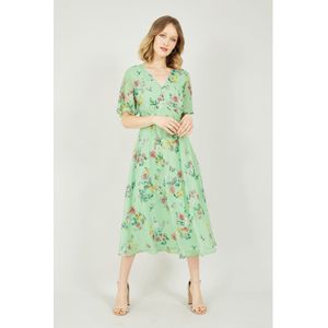 Yumi saliegroene midi-jurk met bloesem-en vlinderprint