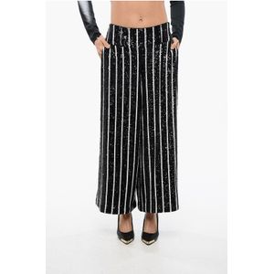 Pailletten gestreepte high-waist broek in zwart en wit