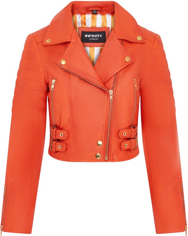 Dames Brando Cropped Oranje Leren Jas - Longtown