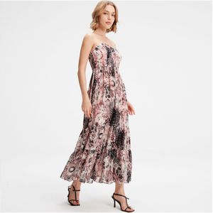 Bustier Chiffon Maxi -jurk met abstracte bloemenprint