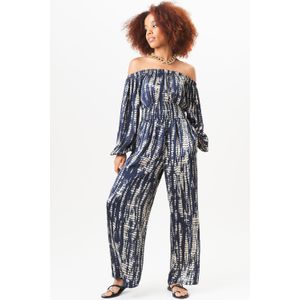 Marineblauwe Bardot-jumpsuit met gerimpelde top en wijde pijpen