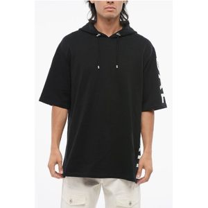 Hoodie met korte mouwen van geborsteld katoen in zwart