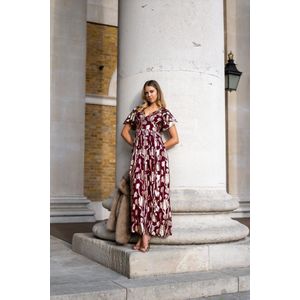 Bordeauxrode metallic jacquard maxi-jurk met bloemenprint en fladderende mouwen