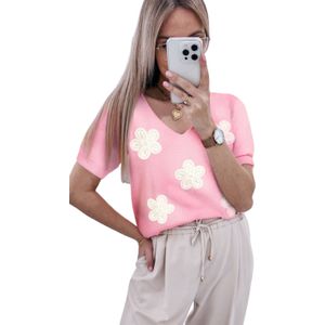 Bloemengebreide Korte Mouw V-hals Trui