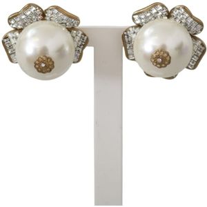 Dolce & Gabbana vrouw goudkleurige maxi nep parel bloemen Clip-on sieraden oorbellen