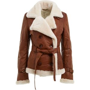 Dames Tan Double Breasted schapenvacht pilotenjack-Leshan