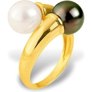 375/1000 geelgouden ring met witte zoetwaterparel en zwarte Tahitiaanse parel