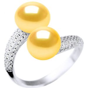Ring YOU AND ME 2 Water Kralen 9-10mm Sweet Yellow Golden Jewelry 925