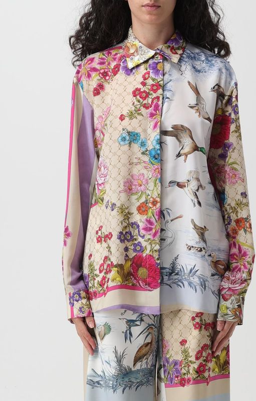 Zijden Bloemen Vogelprint Shirt