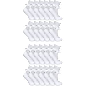 24 Paar Meisjes Kant Kousen Multipack | Schattige Witte Frilly Katoenen Sokken | Ideaal voor Schooluniform - Wit