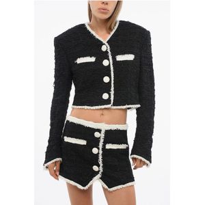 Tweed cropped blazer met contrasterende details in zwart en wit