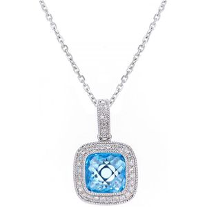 9ct witgouden diamanten en blauwe topaas vierkante hangerketting