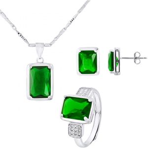 Ketting set, oorbellen en verstelbare ring "smaragdgroene kleur" kristal en zirkoniumoxiden 925 - Gatsby