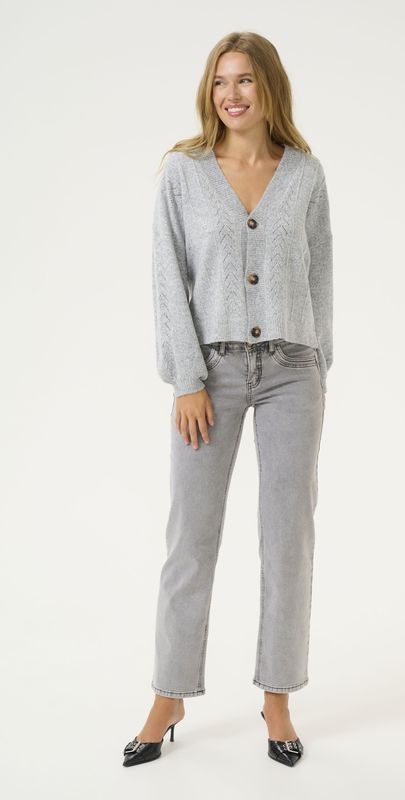 Cream - Cardigan - Grijs - Gebreid - Lange Pofmouwen - V-hals met Knoopsluiting