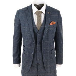 Heren - 3-delig - Blauw - Tweed - Geruit Vintage Pak