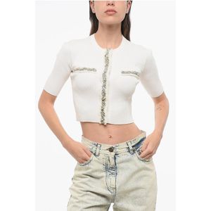 Kort vestje met korte mouwen, versierd met kralen en pailletten in het wit