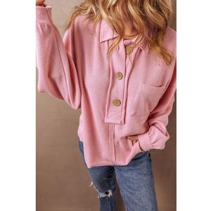 Azura Exchange Roze Geribbelde Gebreide Kraag Henley Top met Borstzak