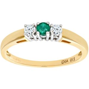 9ct geelgouden diamanten en smaragdgroene damesring met 3 stenen