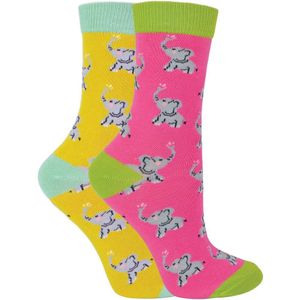Set van 2 sokken met dierenprint voor meisjes | Miss Sparrow | Casual grappig patroon crew bamboe sokken | Grappige nieuwe sokken voor kinderen - Olifanten