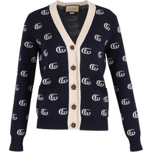 Gucci Double G Cardigan In Blauw Jacquard Wol