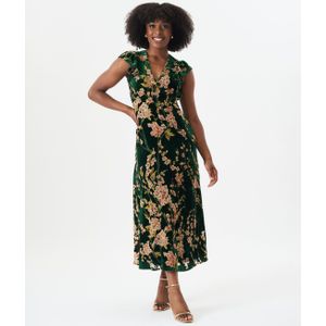 Groene bloemen Devore midaxi-jurk met ruches en V-hals