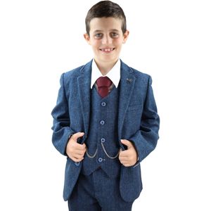 3-delig - Blauw - Visgraat - Tweed Pak - Voor Jongens