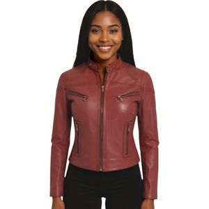 Dames - Bordeauxrood - Tulsa - Casual Slim-Fit Leren Bikerjack