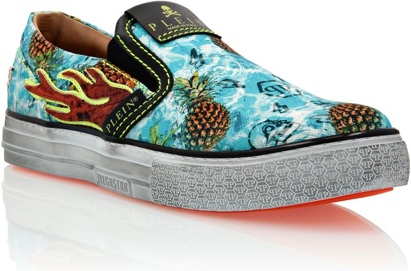 Mocassins - Flame - Katoenen Canvas Slip-ons - Ananasprint - Leren Inzetstukken