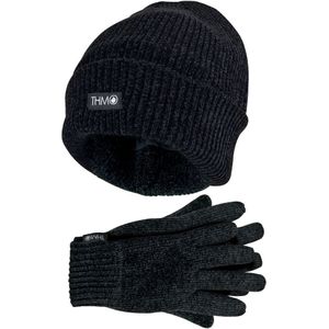 THMO - Dunsulate Chenille Muts & Handschoenen Set voor dames - Zwart