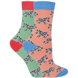 Set van 2 sokken met dierenprint voor meisjes | Miss Sparrow | Casual grappig patroon crew bamboe sokken | Grappige nieuwe sokken voor kinderen - Zebra's