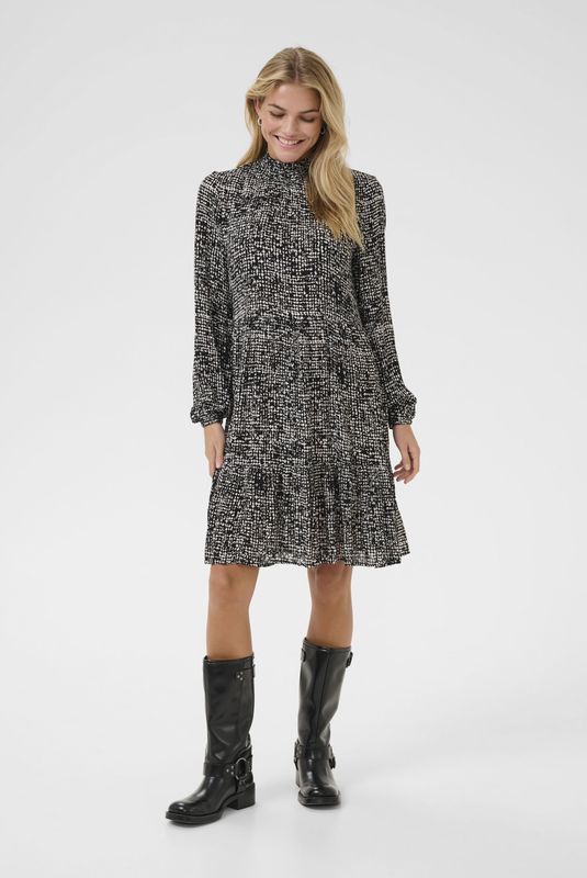 Kaffe - Riani - Jurk - Beige / Zwart - Knielengte - Lange Mouw