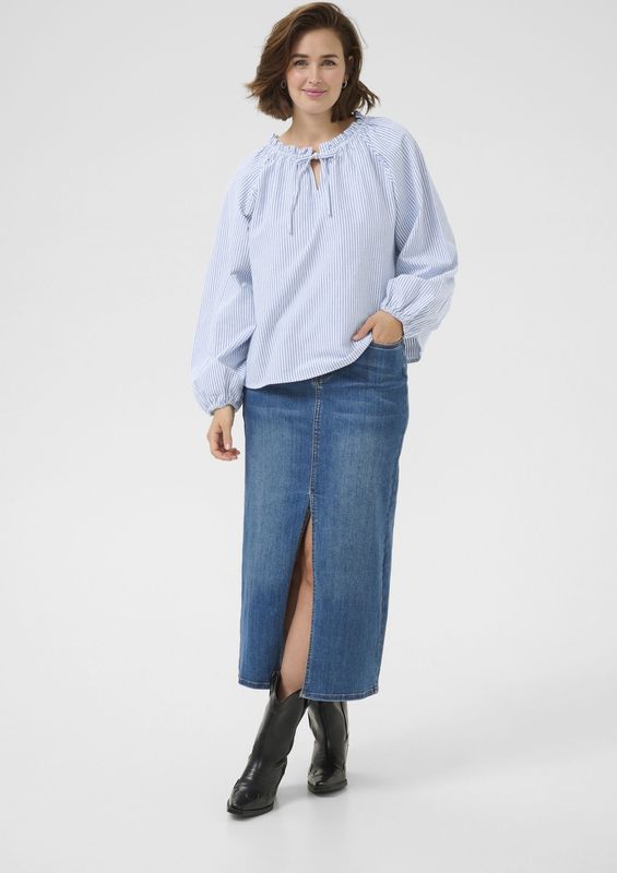 Kaffe - Blauw/Wit Gestreepte Pofmouw Blouse - Dames - Katoen