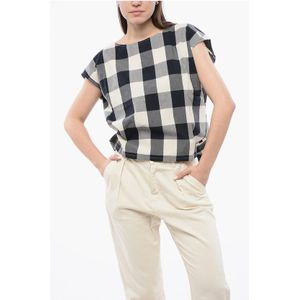 Mouwloze blouse van katoen met ruitjesmotief en trekkoord in wit, blauw en grijs