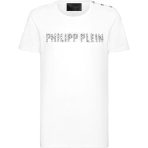Philipp Plein - T-shirt - Wit - Ronde Hals - Strassletters en Juweelknopen