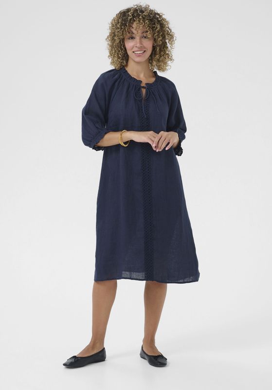 Cream - Bellis - Jurk - Nachtblauw - Knielengte - Losse Pasvorm - Driekwart Mouw