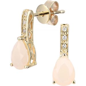 9ct geelgouden diamanten en roze opaal edelsteen druppelvormige oorbellen